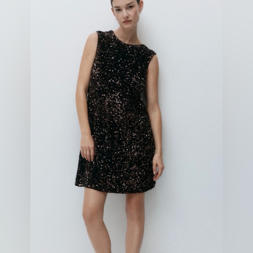 H&M Sleeveless Sequin Shift Dress in Brown